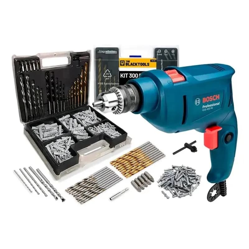 Furadeira de Impacto Bosch 450W 10mm GSB 450 RE com Jogo de Brocas Bits 300 Peças